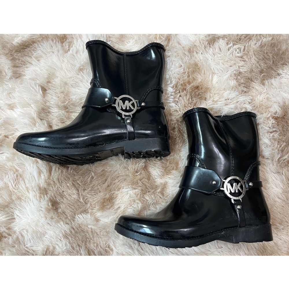 Michael Kors Black Rubber Rain Boots Silver MK Logo Medallion Women 6
